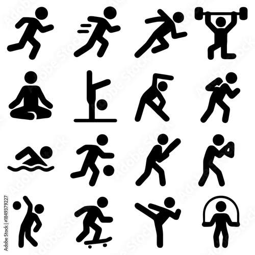 Sports Icon: A dynamic compilation of diverse sports icons, each symbolizing individual sports activities. From running and weightlifting to yoga and swimming.