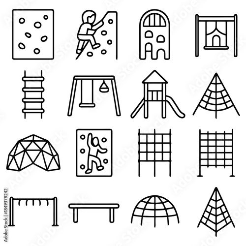 Playground Equipment Icons: Illustrated collection of essential playground elements, providing a clear visual representation of outdoor recreational structures for children