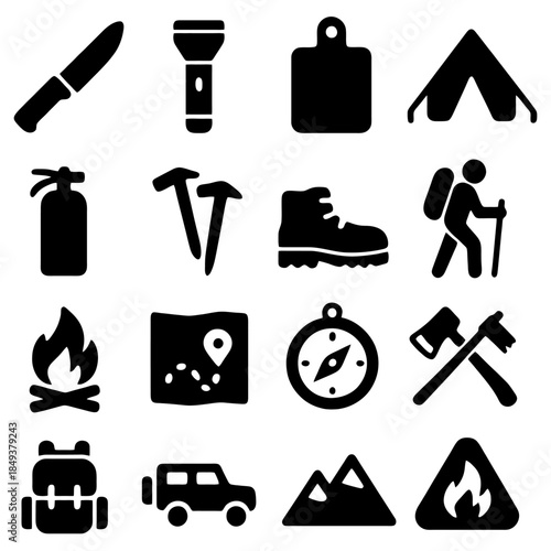Essential Outdoor Gear: A comprehensive collection of camping essentials, featuring a knife, flashlight, cutting board, tent, fire extinguisher, ice axe, boot, backpacker, campfire, map, compass, axe.