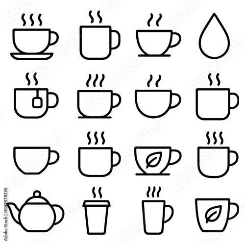 Coffee and Tea Icons: A set of icons showcasing various styles of steaming coffee and tea cups, complemented by a water drop, perfect for beverage and cafe-related design projects.