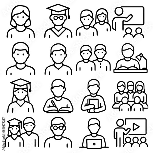 Diverse Study Icons: A comprehensive array of study related icons, including students, teachers and presentation and more in the classroom setting.