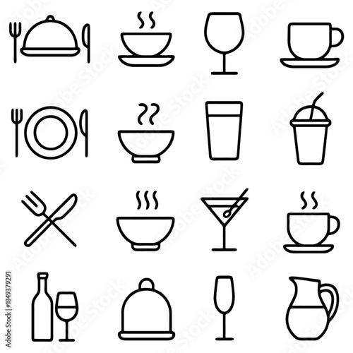 Culinary Icons: A collection of simple, stylized illustrations representing essential dining elements, from various food and drink to utensils, all neatly arranged.