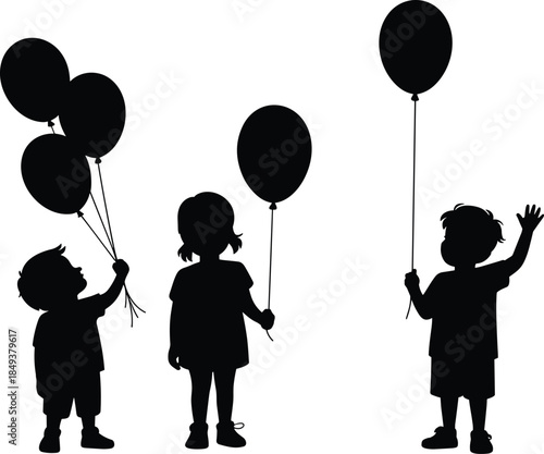 Children holding balloons silhouette, happy kids playing outdoors, joyful childhood moment, cute black vector illustration design isolated on white background, minimal artwork