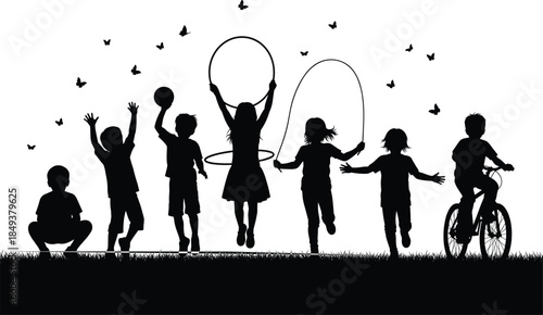 Children playing outdoors, silhouette kids activities, summer fun, healthy lifestyle, childhood development, park recreation, active youth, black and white vector illustration