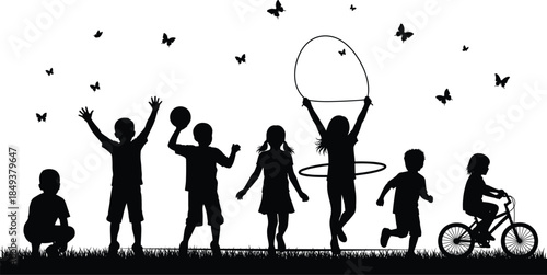Children playing outdoors, silhouette kids activities, summer fun, jumping, running, cycling, nature scene, butterflies, grassy field, happy childhood, black and white vector