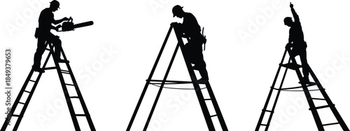 Construction workers on ladder silhouette vector illustration, safety at height, teamwork, building maintenance, labor concept, professional repair, industry occupation,