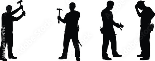Construction workers silhouette with tools, hammer, wrench, and hard hat, professional labor men vector illustration for industry, teamwork, building and repair concept