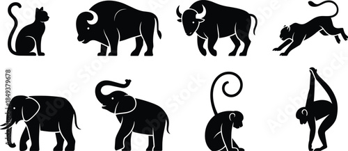 Creative animal silhouette vector collection featuring cat, bull, buffalo, elephant, and monkey designs, wildlife animal shapes, minimalist black graphic illustration