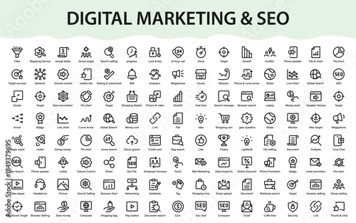 Digital marketing SEO icons set. Analytics, ecommerce, promotion, search, communication, growth, finance and business strategy collection