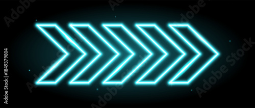 Light blue neon arrow elements. Turquoise glowing led direction sign. Shine tube lamps in arrowhead shape. Bright luminous fluorescent pointer effect for banner, poster, logo. Vector neon led lights