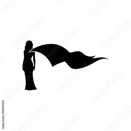 Silhouette of a woman in a flowing gown with a dramatic cape billowing behind her.