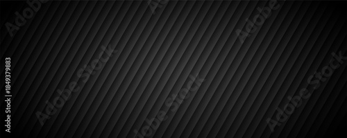Black tech striped background. Abstract diagonal line pattern texture. Technical carbon stripe design wallpaper. Dark slanted linear cover backdrop. Vector geometric insulation wall concept