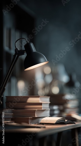 Dramatic Desk Lamp Illuminating Stacked Books in Moody Library Setting.