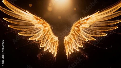 Golden angel wings glow with warm light and floating particles against a dark backdrop with soft bokeh and smoke, leaving ample empty space for text and design elements with subtle golden dust accents