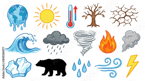 A collection of climate change and weather-related icons, including melting Earth, sun, thermometer, dry land, waves, rain clouds, tornado, fire, smoke, ice, a bear, raindrops, wind, and lightning.