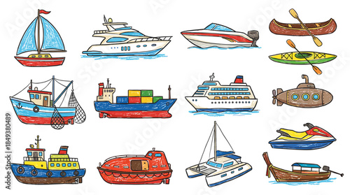 A diverse collection of hand-drawn illustrations depicting various types of watercraft and vessels.