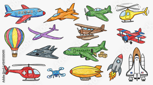 A colorful collection of various aircraft and flying vehicles, including airplanes, helicopters, a hot air balloon, and a rocket.