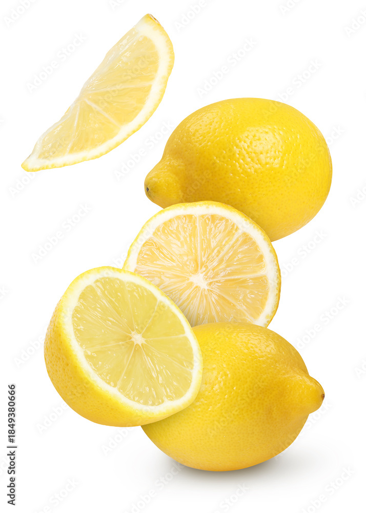 Naklejka premium Fresh lemons falling on white background. Citrus fruit