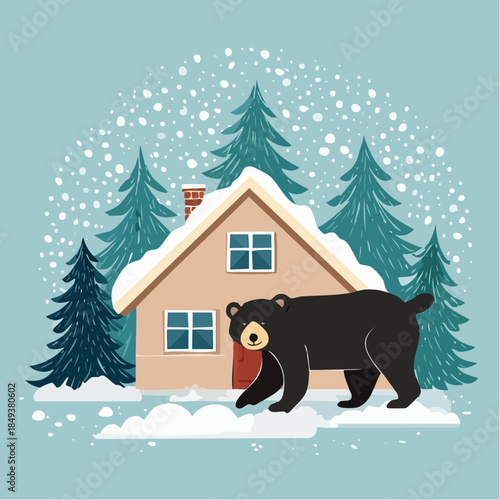 雪の中、人里に現れる熊のベクターイラスト アーバンベアと社会問題  注意喚起  冬眠しないクマ