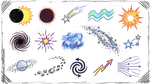 A whimsical collection of hand-drawn celestial objects and cosmic phenomena, including stars, galaxies, eclipses, and nebulae.