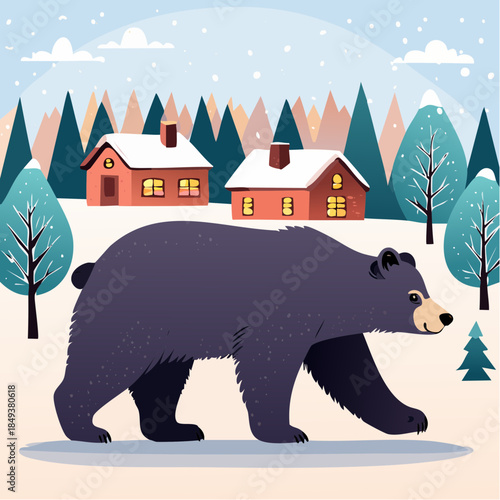 雪の中、人里に現れる熊のベクターイラスト アーバンベアと社会問題  注意喚起  冬眠しないクマ