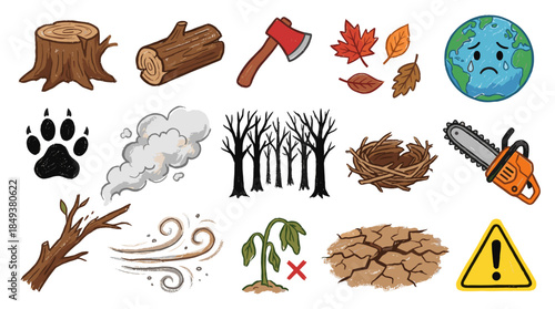 Collection of environmental destruction and deforestation symbols, including a crying Earth, tree stump, axe, chainsaw, and dead plants.