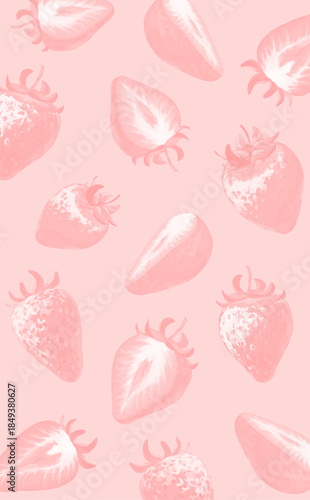 手描きの苺イラスト縦長背景_全体ピンク