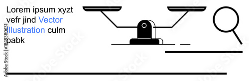 Justice, legal system, analysis, decision-making, balance, research. A black balance scale and magnifying glass. justice and analysis in decision-making
