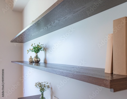 Modern Interior Design: Minimalist Dark Floating Wooden Shelves with Decorative Vases and Blank Wall Space.