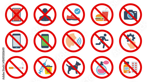 A collection of prohibition signs indicating various forbidden activities and items in a grid layout.