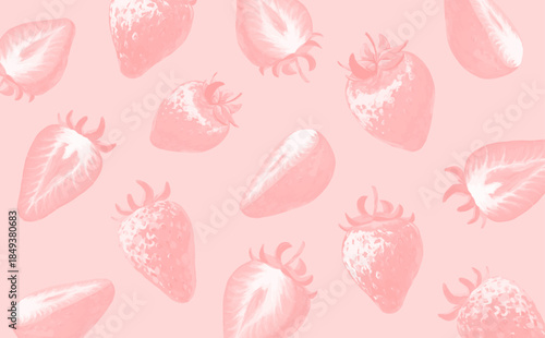 手描きの苺イラスト横長背景_全体ピンク