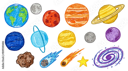 A colorful collection of planets, moons, asteroids, comets, and a galaxy, rendered in a crayon-like artistic style.