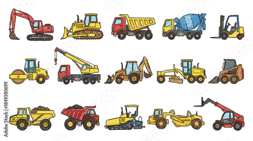 A collection of various construction vehicles and heavy machinery, illustrated in a colorful, cartoonish style.