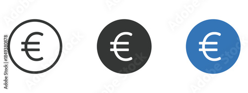 Euro EUR Icon Set, global currency illustrations in round shapes using black and blue colors, representing world money, finance concepts, editable stroke design