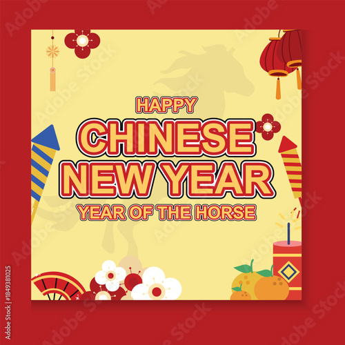 Festive Lunar New Year greeting card with firecrackers, mandarin oranges, flowers, and horse silhouette on a soft yellow background, celebrating the traditional spring festival.