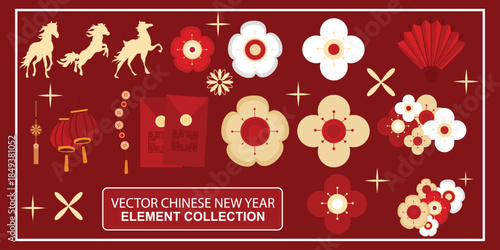 Collection of Chinese New Year vector elements including horses, lanterns, red envelopes, plum blossoms, and fans in traditional red, white, and gold colors.