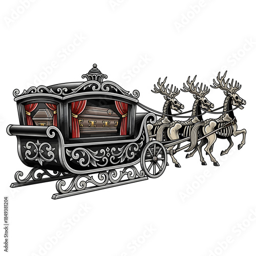 Santa Claus sleigh with reindeer Christmas festive silver carriage.