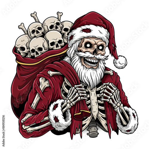 Skeleton Santa Claus with skulls in sack Christmas horror character.
