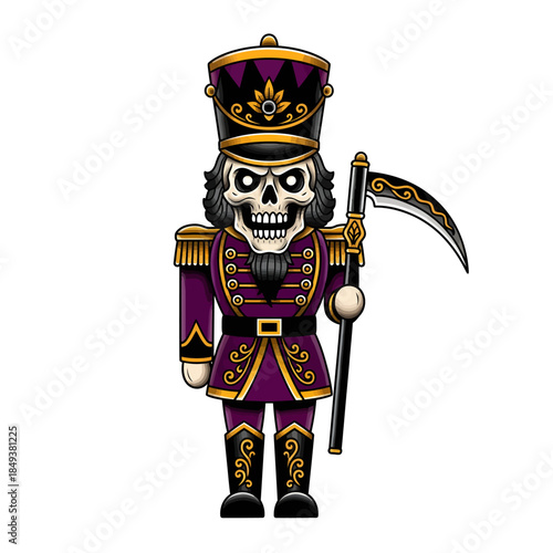 Cartoon skeleton grim reaper in royal uniform.