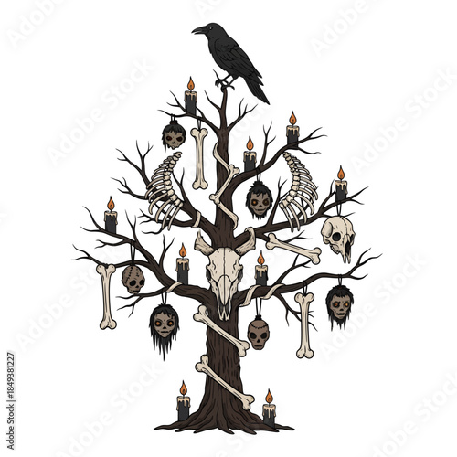 halloween tree with skulls and bones.