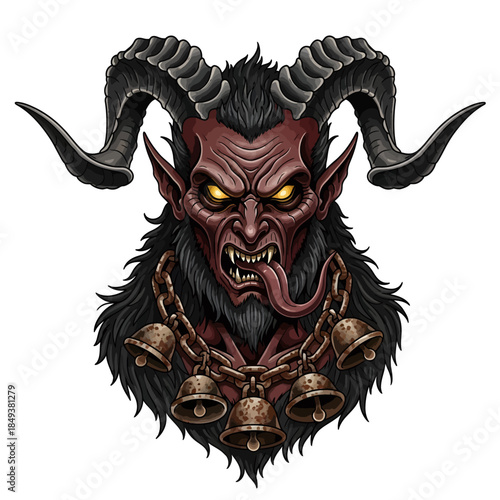 Krampus red devil head with horns and bells.