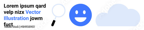 Search, happiness, cloud storage, online access, positivity, and tech infrastructure. Minimalistic design a magnifying glass, smiling face and a cloud. Search and positivity concept