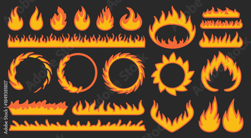 Fire Flames Creating Dramatic Frames, collection of fiery borders with glowing geometric elements for dynamic design