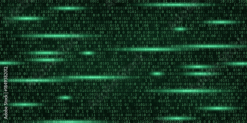 Vector digital code rain in a Matrix inspired futuristic style. High-tech backdrop with glowing binary characters. Binary Software Programming Code Background. Digital Data Technology Concept.