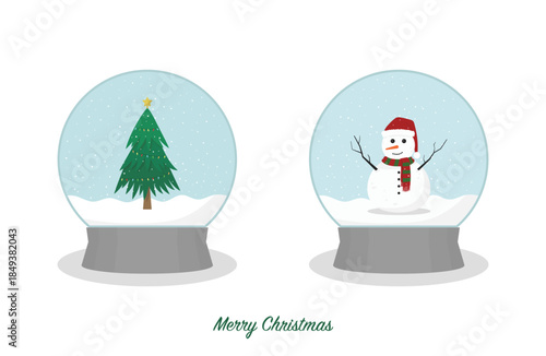 Two Christmas snow globes, one with a tree and the other with a snowman