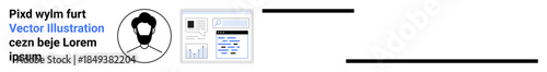 Cybersecurity, user authentication, identity verification, data analytics, digital management, online services. Profile icon alongside data dashboard elements. Cybersecurity and user authentication