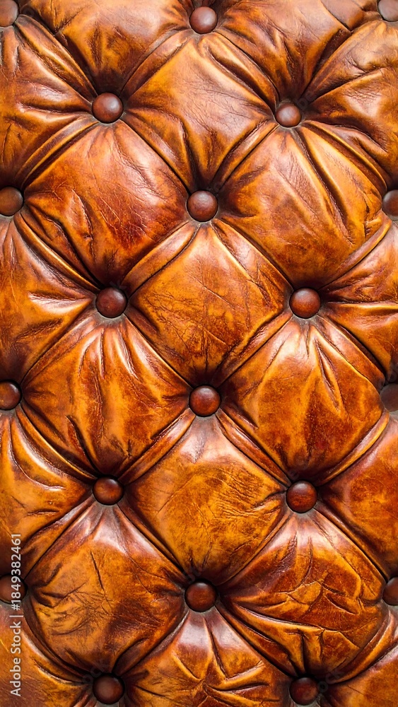 Fototapeta premium Detailed, close-up view of a vintage, orange-brown leather buttoned upholstery. Intricate diamond pattern