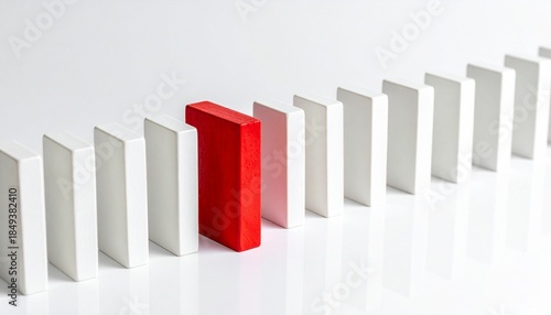 Red block standing out from a line of white blocks, highlighting individuality, uniqueness, or a crucial choice.