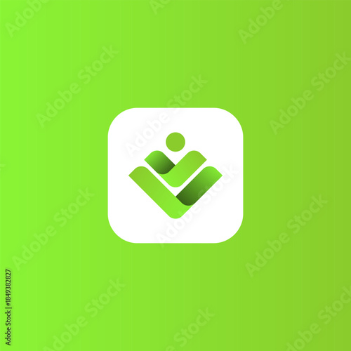 A vibrant green gradient background features a white rounded square containing a stylized green logo resembling a person, leaves, or checkmarks.