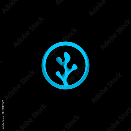 A vibrant light blue abstract coral-like or plant-like shape enclosed within a matching blue circle on a stark black background.